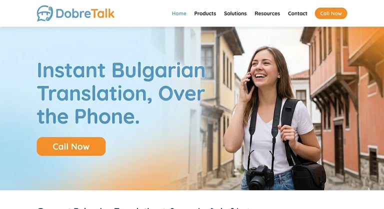 Woman on phone with DobreTalk logo promoting instant Bulgarian translation services