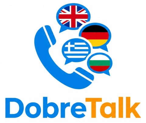 DobreTalk logo showing a blue phone handset with speech bubbles displaying British, German, Greek, and Bulgarian flags